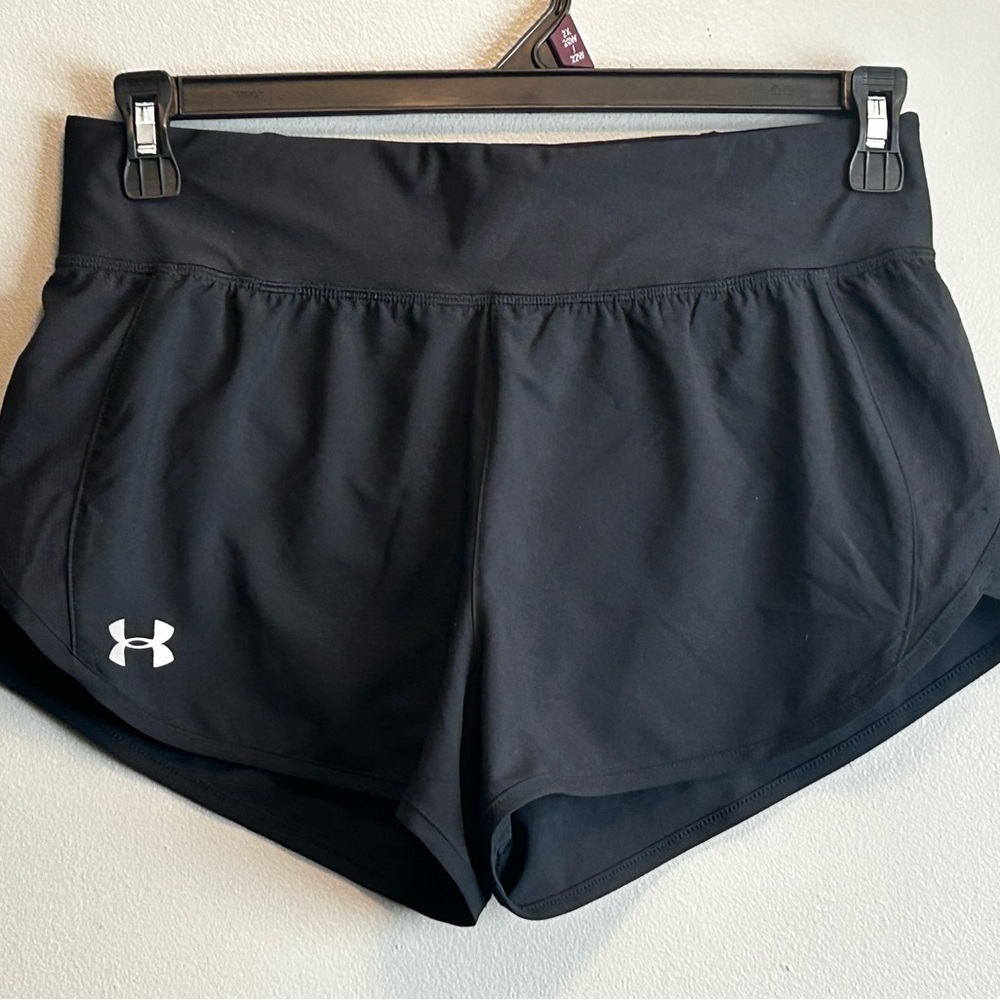 Black Athletic Shorts with Stretch Waistband and Curved Hem by Under Armour